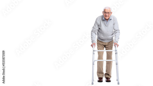 Full body shot of an elderly man confidently standing and using a walker against a transparent background, highlighting the importance of mobility and independence in later years
