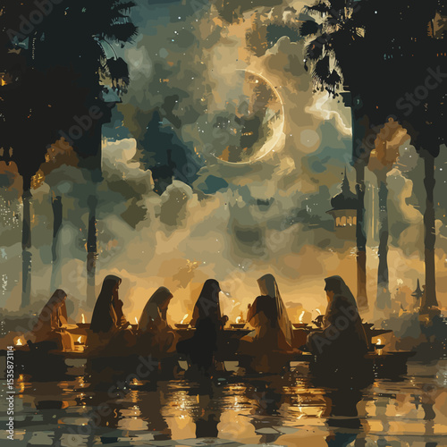 double exposure hari raya greeting card style muslims gathering