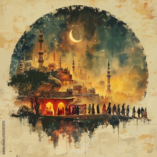 double exposure hari raya greeting card style muslims gathering