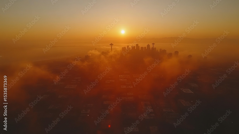 Naklejka premium Sunrise over a city shrouded in fog