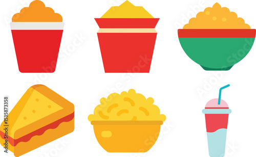 A vibrant vector illustration of a fast food icons set, featuring a coffee cup, drink, and restaurant sign, perfect for business design