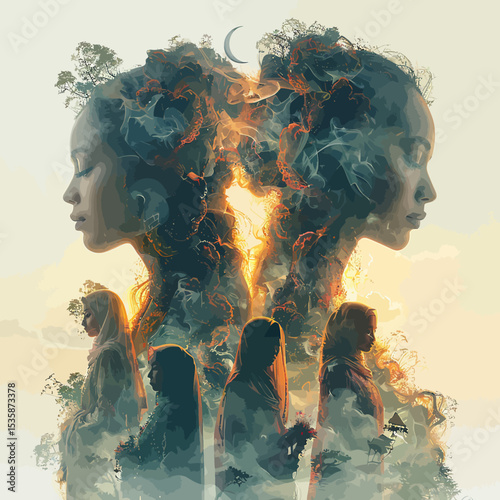 double exposure hari raya greeting card style muslims gathering