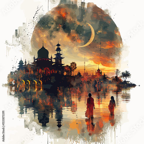 double exposure hari raya greeting card style muslims gathering