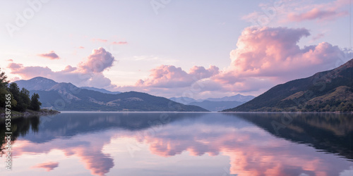 Dreamy Pink Clouds Over Calm Lake A panoramic view of a mirror-like lake reflecting the soft pink and lavender hues