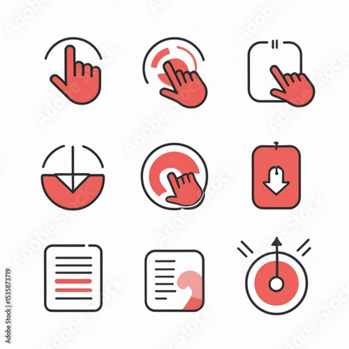 Illustrative set of interaction icons featuring hand gestures and interface elements in red and black design created with generated ai