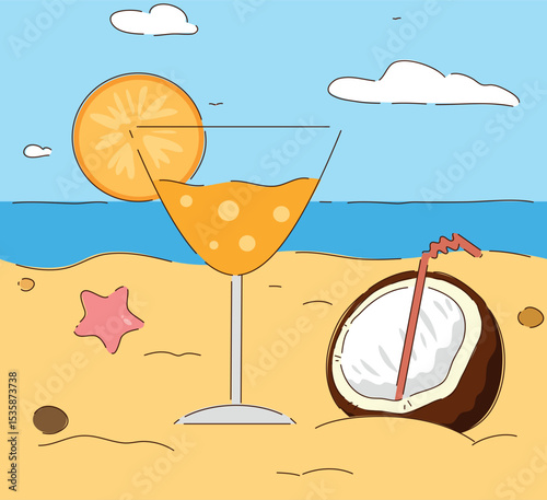 A beautiful tropical beach scene featuring a refreshing cocktail and a coconut drink