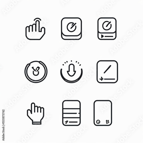 Collection of various user interface icons including touch gestures, timers, and download symbols in outline style created with generated ai