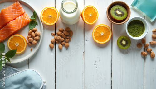 Wallpaper Mural Assortment foods rich in tryptophan, melatonin improve sleep. Healthy meal includes salmon, oranges, walnuts, kiwi, milk, tea. Natural ingredients, organic source, vitamins, nutrients, healthy life, Torontodigital.ca