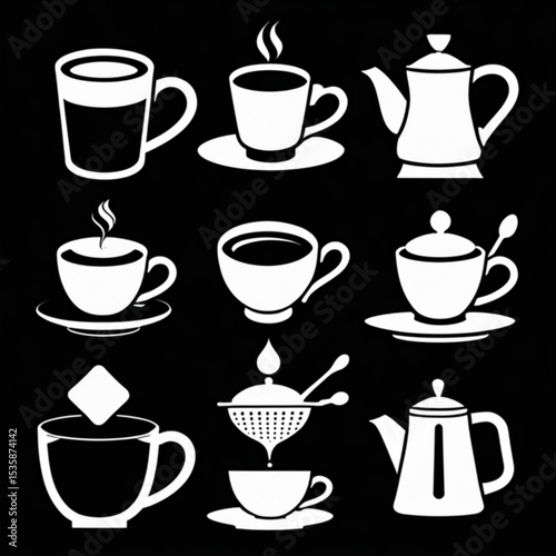 Illustration of various white tea and coffee cups, teapots, and sugar bowl on a black background created with generated ai