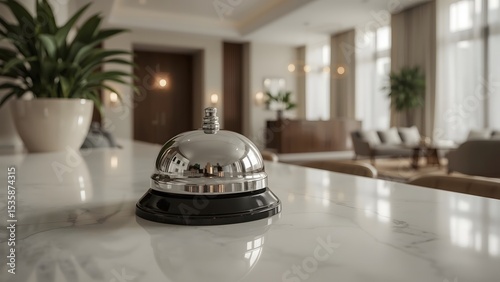 Luxury travel scene with bell on marble desk and designer lobby décor