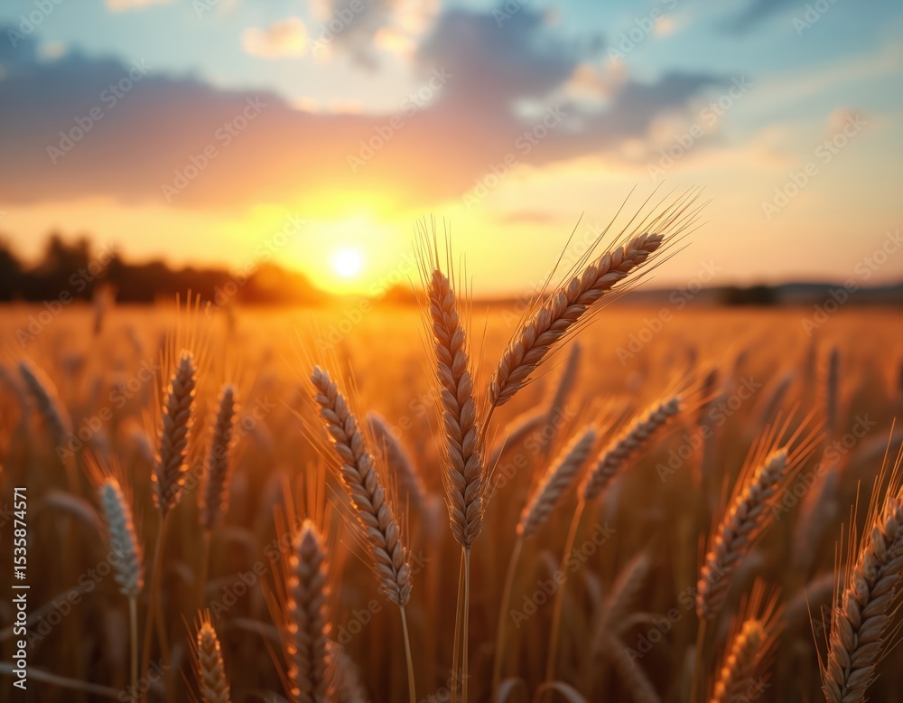 Field ripe wheat with sunset backdrop. Golden hour illuminates wheat ear, sky filled with orange hues. Rural landscape, harvest, farming, agriculture concept. Beautiful nature scene. Field ripe wheat with sunset backdrop. Golden hour illuminates wheat ear, sky filled with orange hues. Rural landscape, harvest, farming, agriculture concept. Beautiful nature scene.