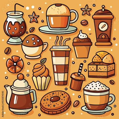 Hand Drawn Brown Orange Cream Coffee Shop Treats Cappuccino Coffee Drinks Sweets Bakery Items vector