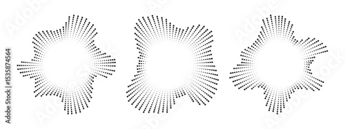 A set of circular multicolor burst ray equalizers . Radial sound, frequency sound neon waves . Pulsing music design element, voice graphic signal, circular sound waves . Vector radial spectrum.