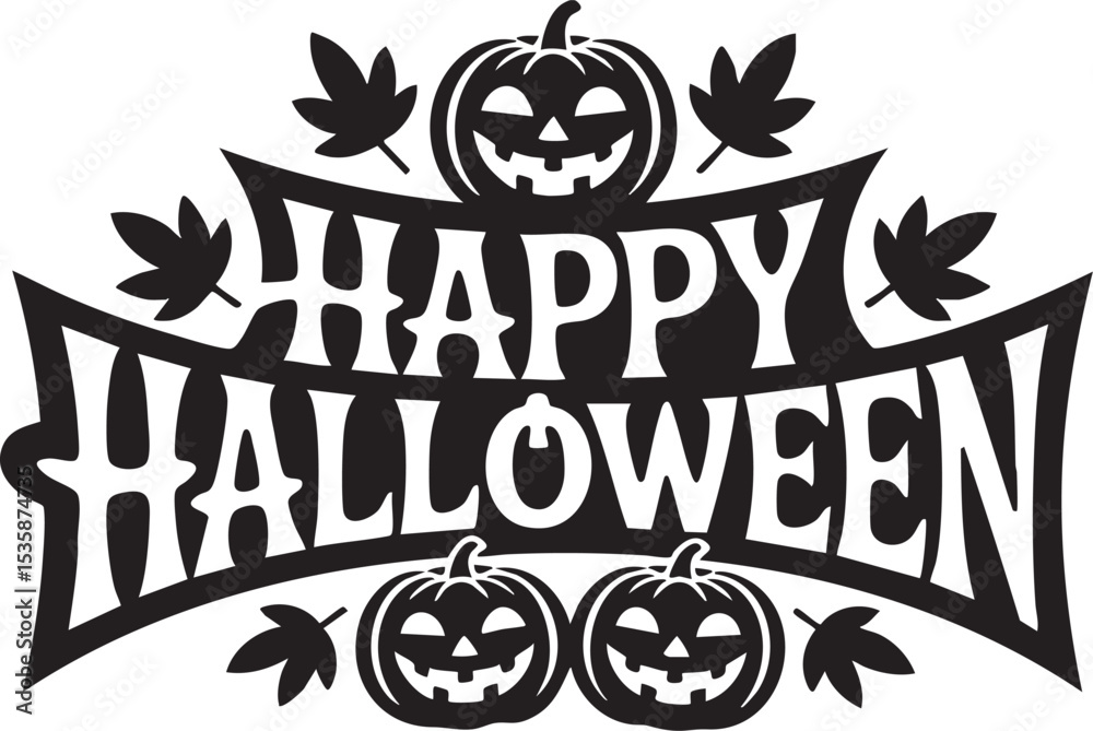 Happy Halloween Black White Jackolantern Leaves Design Happy Halloween Black White Jackolantern Leaves Design
