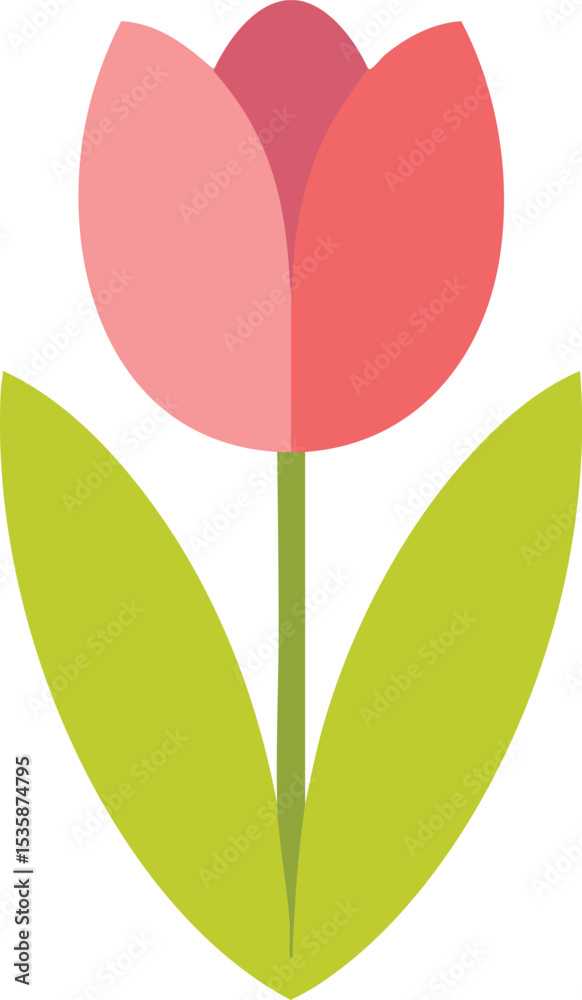 Obraz premium Pink and Red Tulip Flower with Green Leaves Simple Flat Design