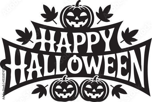Happy Halloween Black White Jackolantern Leaves Design