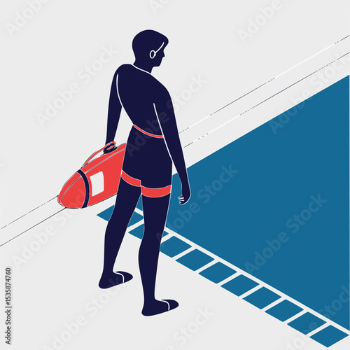Stylized illustration of a lifeguard standing by the pool with a rescue tube and a backpack