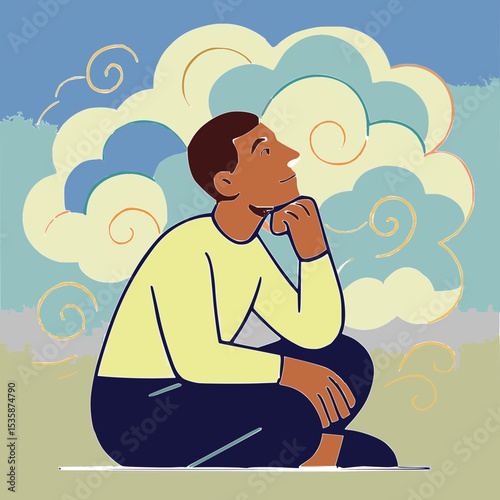 Reflective illustration of a man sitting and thinking with clouds in a colorful background