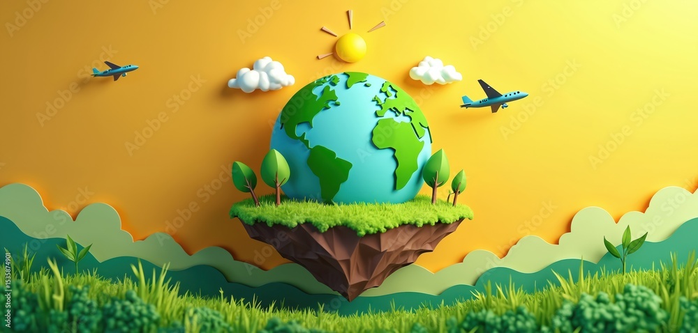 Naklejka premium Cute earth day illustration. Globe with green continents, trees, grass, clouds on a floating island. Planes fly, eco-friendly concept, environmental protection, community green earth.