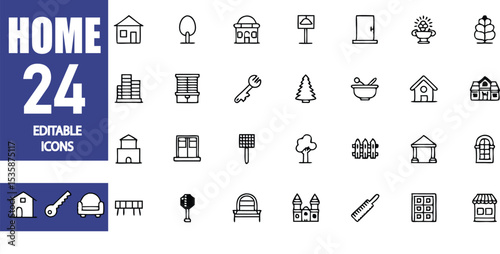 Collection of home house building architecture tree door window key editable icons vector line drawing set