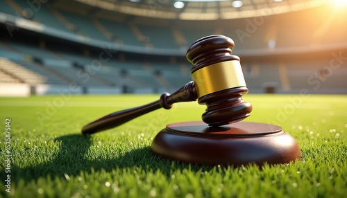 Fototapeta Naklejka Na Ścianę i Meble -  Gavel rests artificial turf stadium. Symbol of legal authority in sports field during sporting event. Concept of law sports, competition rules, judgement. Concept of law, sport. Arbitration court.