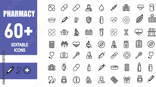 Pharmacy medical healthcare icons collection vector set editable line design elements and symbols pack for graphics