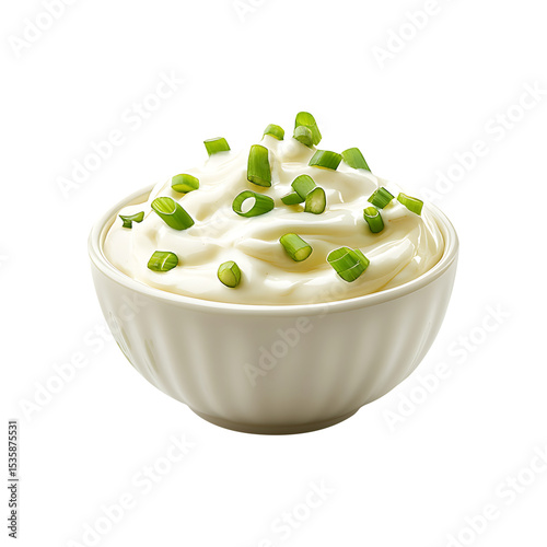 Sour Cream with Spring Onion Garnish in Clean White Dish Isolated PNG Format, Isolated on transparent background