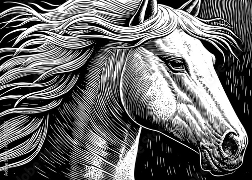 regal horse with flowing mane and calm eyes black and white sketch vector best for tattoo
