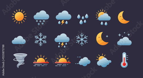 Weather Icons Sun, Cloud, Rain, Snow, Storm, Temperature, Moon, and More