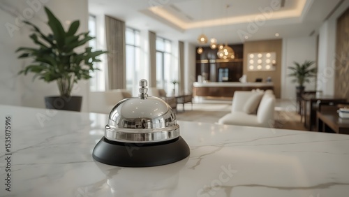 Shiny metal bell resting on elegant marble desk in upscale hotel interior