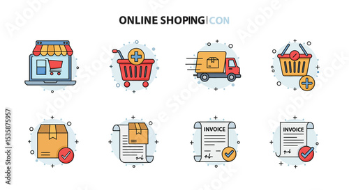 Streamlined Online Shopping Icons E-commerce, Delivery, and Purchase Process Illustrations