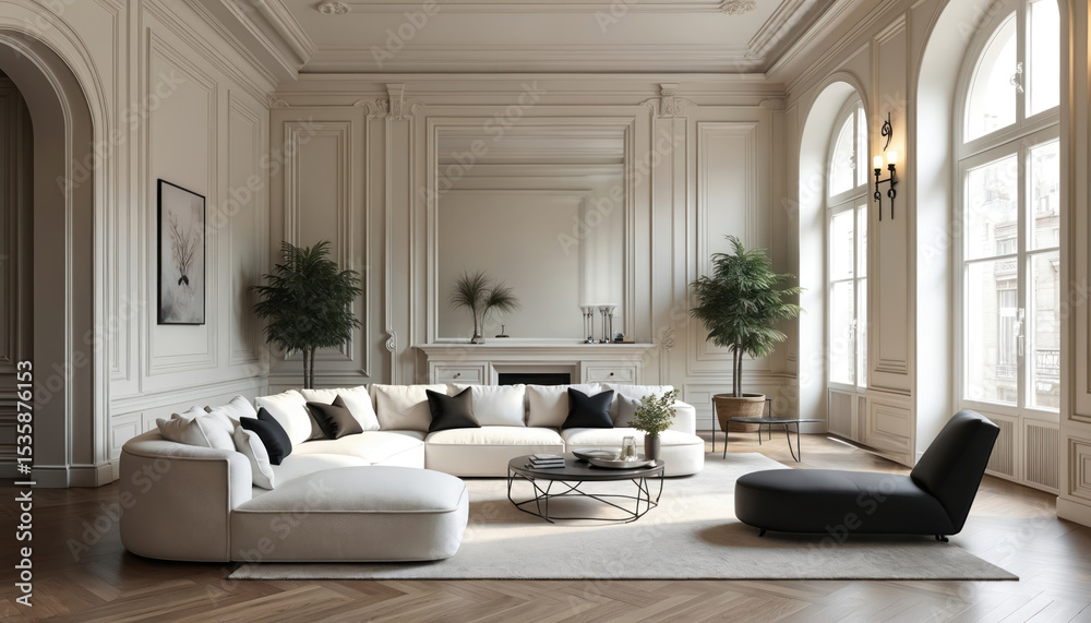 Fototapeta premium Elegant Parisian living room interior design. Modern stylish furniture arrangement, large windows provide natural light. Cozy ambiance, sofa, chairs, coffee table, plants, classic decor style,