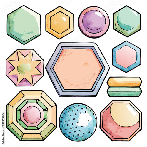 Pastel Watercolor Shapes Collection Hexagons Octagons Circles Geometric Designs Soft Colors Hand Drawn Style