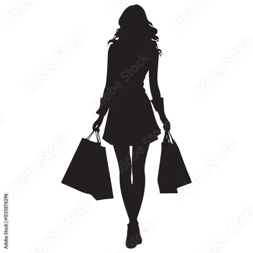 Stylish Woman Walking with Shopping Bags in a Black Silhouette Against a White Background silhouette