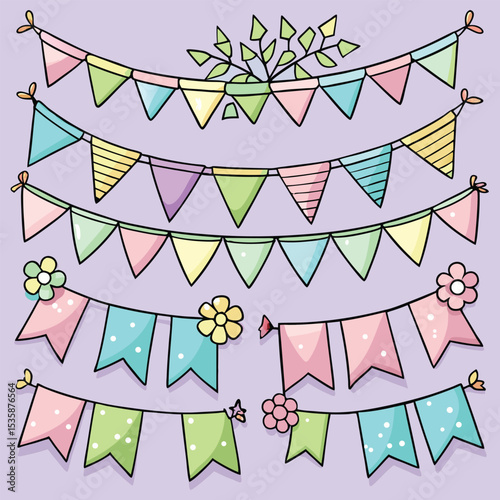 Pastel Bunting Flags with Flowers and Plants Illustration Soft Pink Yellow Green Blue Decorations vector