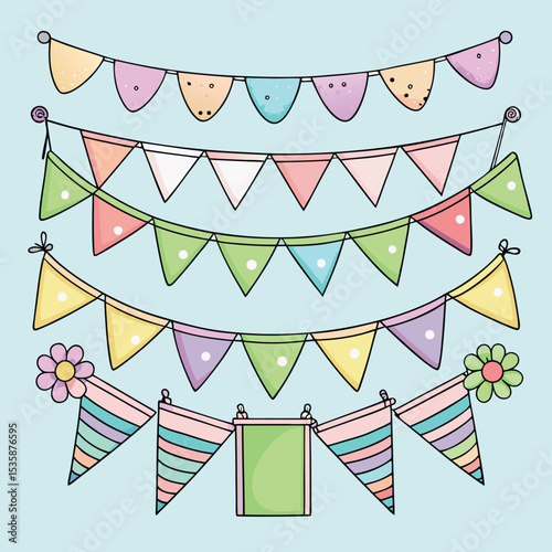 Pastel Colored Bunting Flags Party Decorations Set Illustration Featuring Triangular Flags Flowers and Striped Cones Light