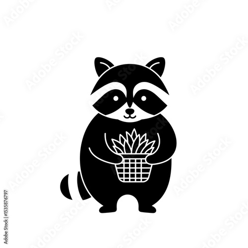 Cartoon raccoon holding a basket of pineapples with a smile  