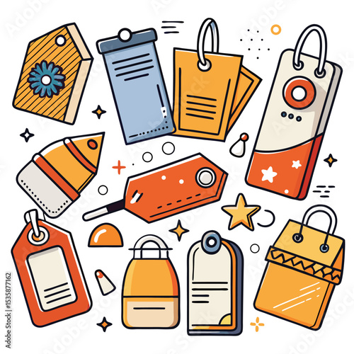 Collection of Orange and Blue Tag and Label Designs Vector Illustration Featuring Various Shapes and Styles