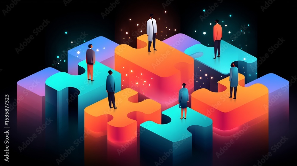 Obraz premium Floating holographic puzzle pieces being placed diverse business strategists each representing a core function of the organization enterprise integration concept