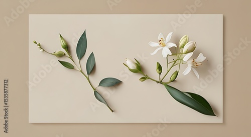 A single jasmine flower stem with green leaves on pure white background