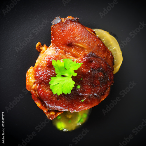 National cuisine of France - Duck confit (confit de canard). The duck is rubbed with salt and herbs, kept in the refrigerator for about a day, and then fried in its own juice. view from above