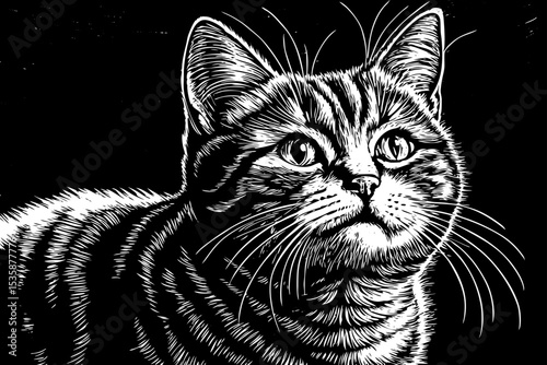 portrait of a domestic cat with sharp whiskers and focused eyes black and white sketch vector best for tattoo