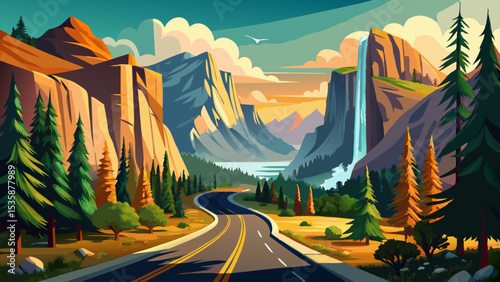 California: la strada e la vista del Parco nazionale dello Yosemite Lo Yosemite National Park è noto per le sue scogliere di granito, le cascate e i boschi di Very beautiful