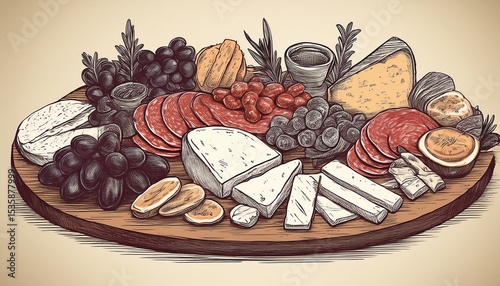 hand drawn sketch charcuterie board food illustration