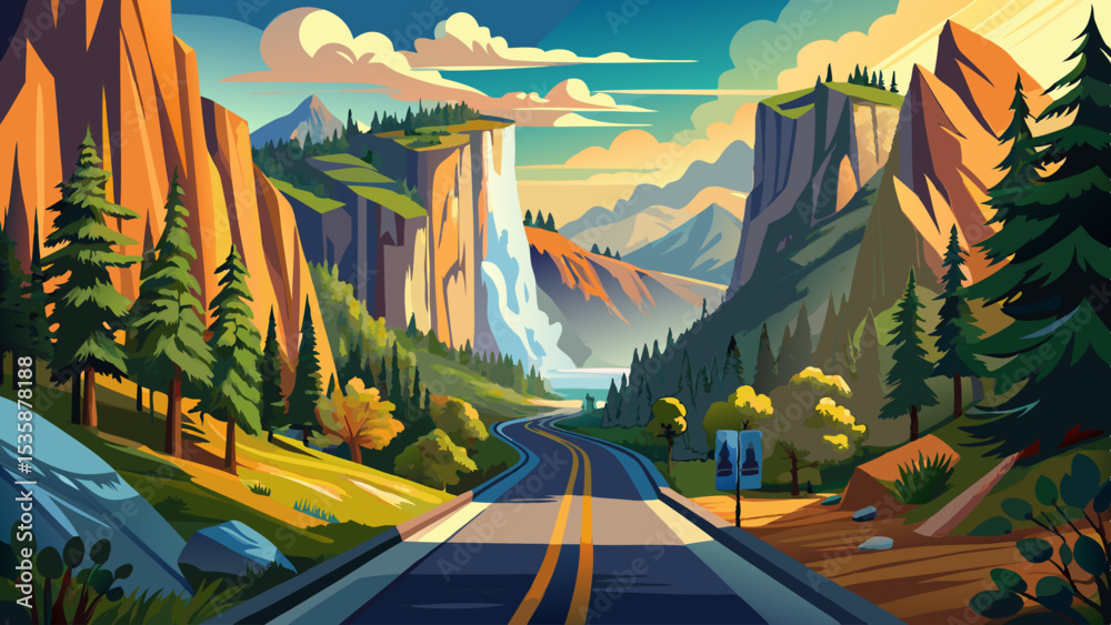 Fototapeta premium California: la strada e la vista del Parco nazionale dello Yosemite Lo Yosemite National Park è noto per le sue scogliere di granito, le cascate e i boschi di Very beautiful