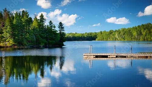 a summer day with a calm blue lake and a wooden dock in the foreground in algonquin provincial park ontario canada the water reflects the clear sky surrounded by lush green trees along the shore