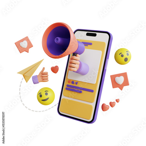 Social media marketing concept featuring phone megaphone hearts and communication icons