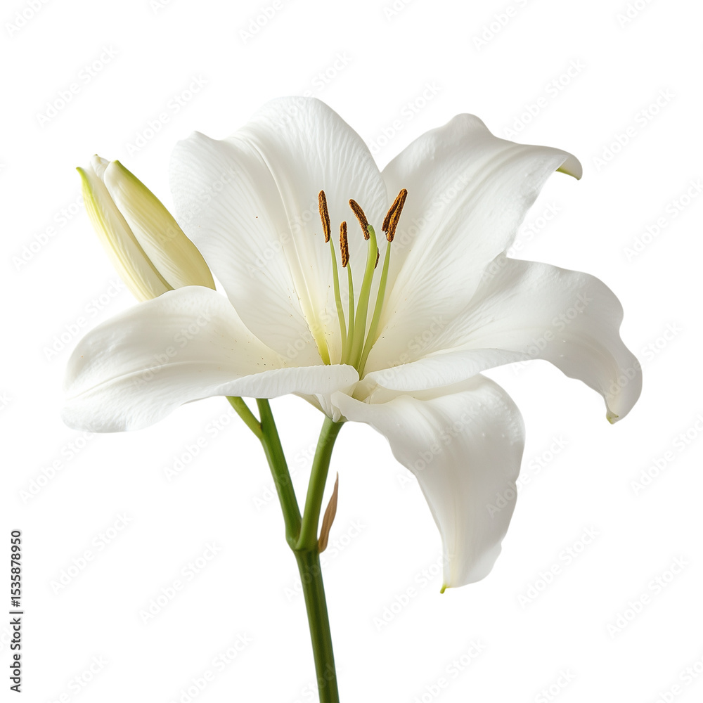 Obraz premium Isolated on white, this beautiful white lily blossom showcases the delicate petals and vibrant stamen of a spring flower in nature