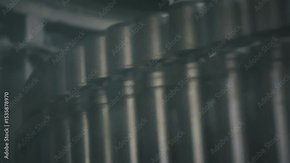 Aluminum cans moving along a conveyor belt within modern beverage manufacturing facility, preparing for filling and packaging process with industrial precision Aluminum cans moving along a conveyor belt within modern beverage manufacturing facility, preparing for filling and packaging process with industrial precision