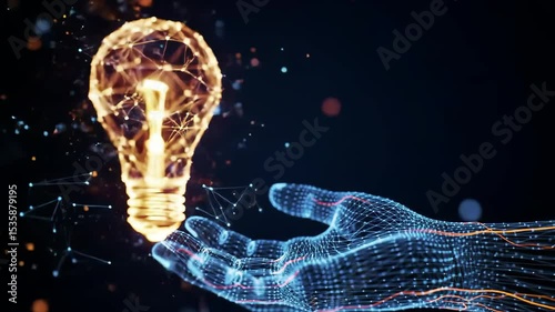 Digital hand holding glowing network lightbulb, animated energy flow